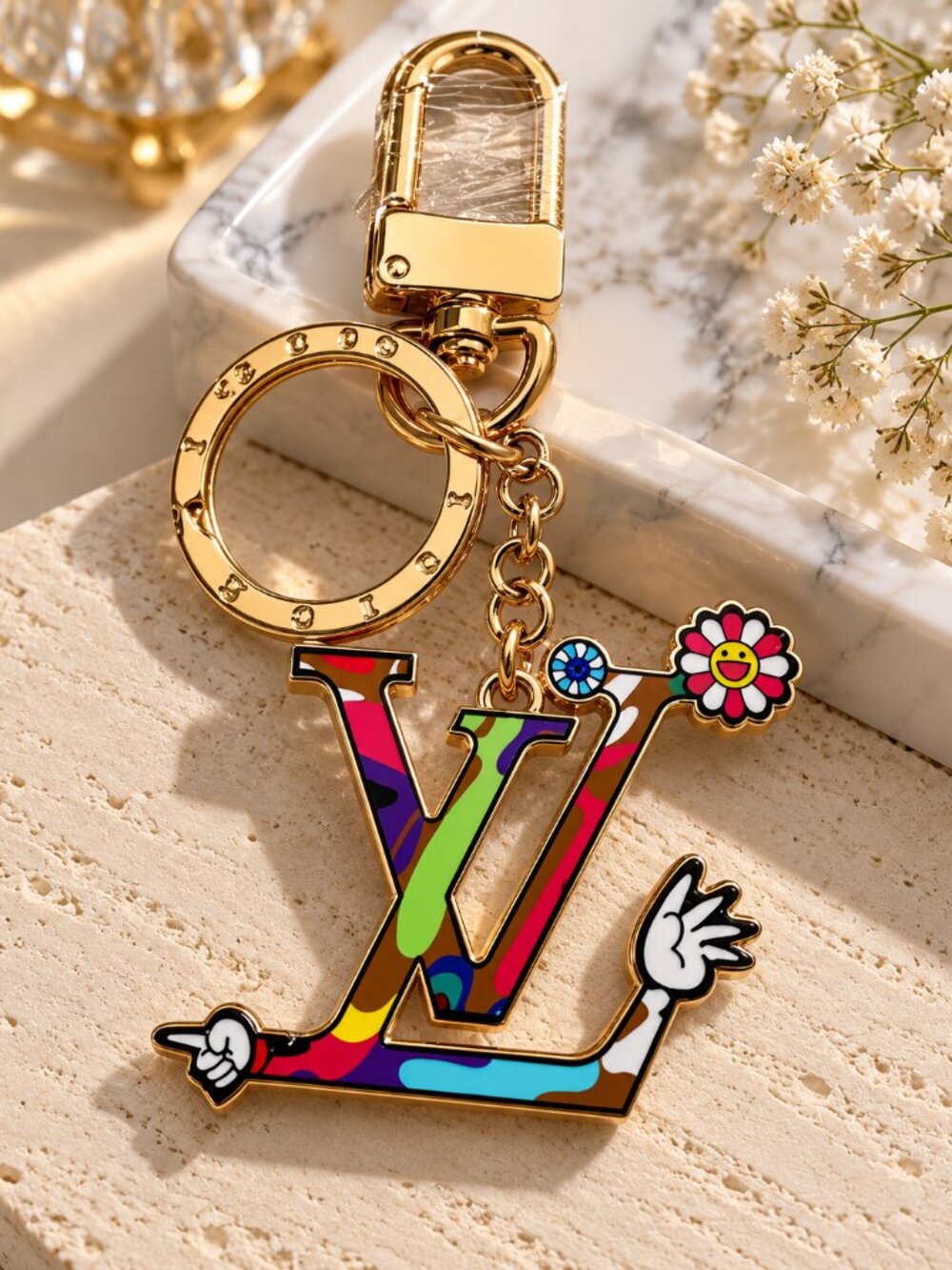Colorful Enamel Initial Bag Charm Keychain Gold Tone Flower Statement Accessory